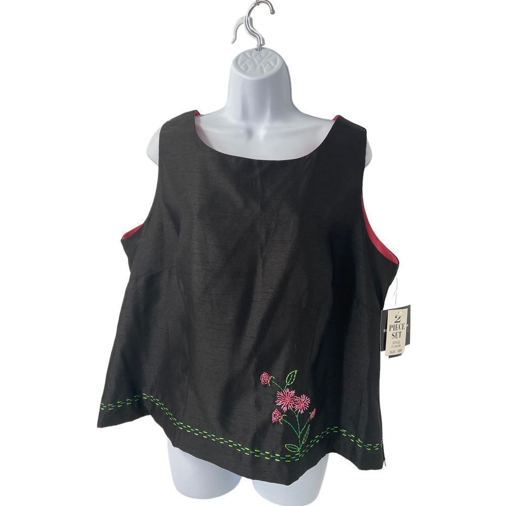NWT Sag Harbor Black Floral‎ Embroidered Sleeveless Top 16W